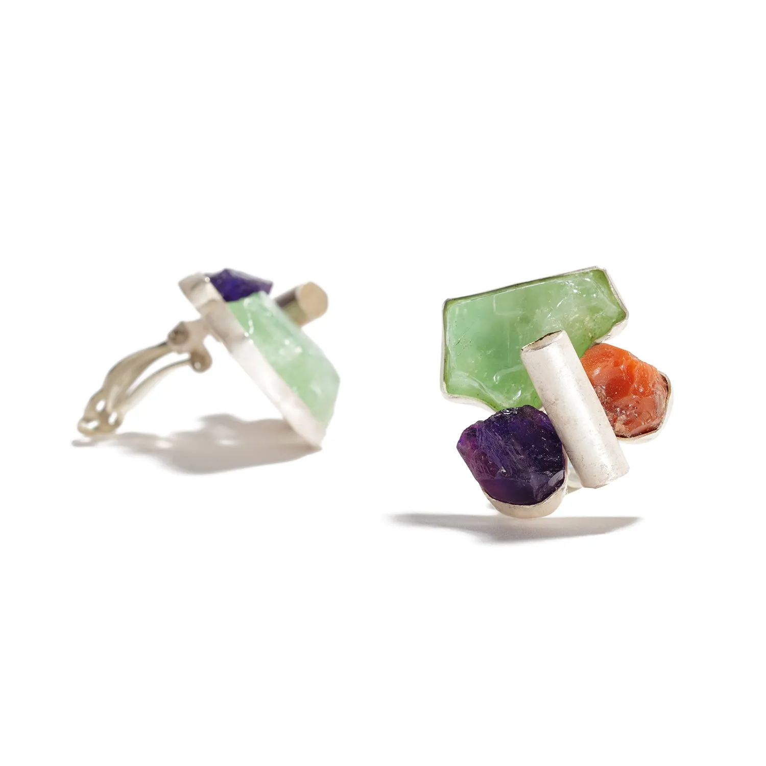 Prehnite, Mexican fire opal, and Amethyst Earrings