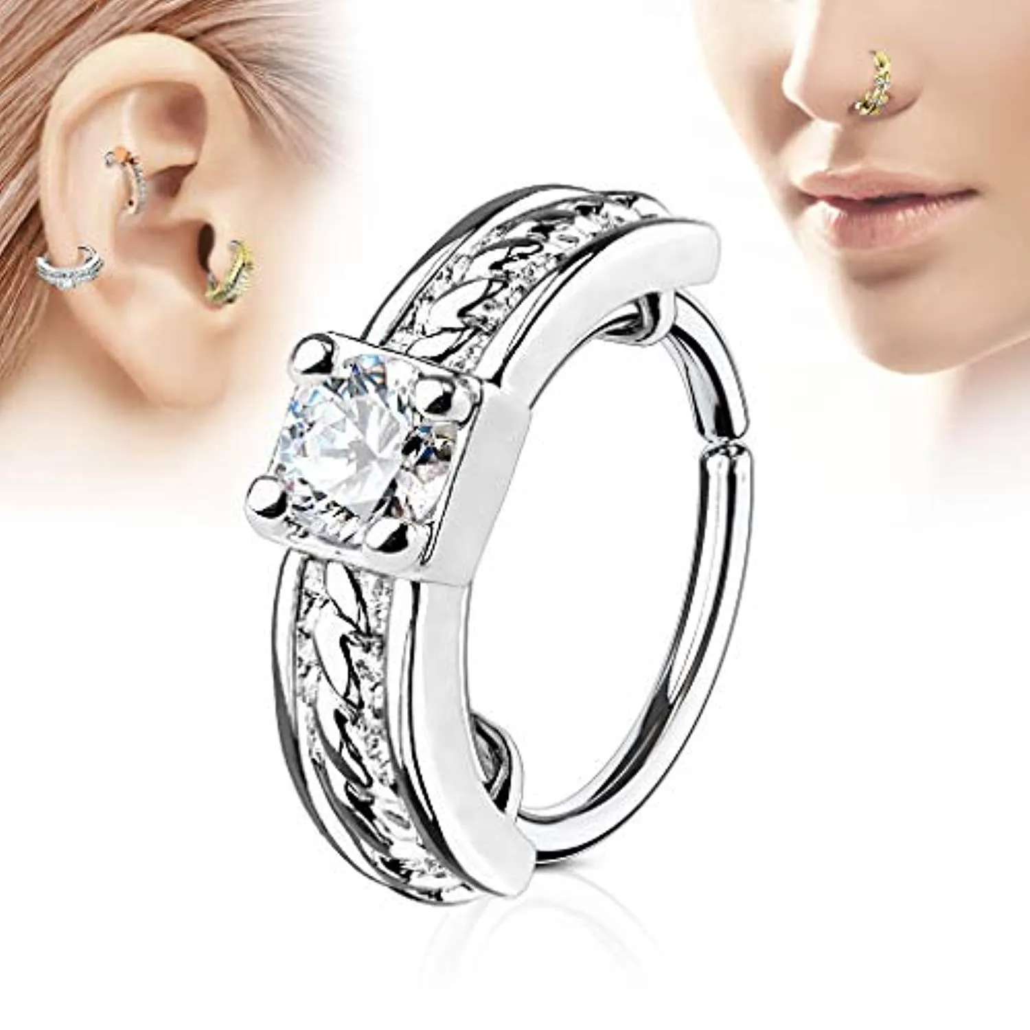 Prong Set CZ Centered Half Circle Top 316L Surgical Steel WildKlass Nose, Cartilage Hoop Rings