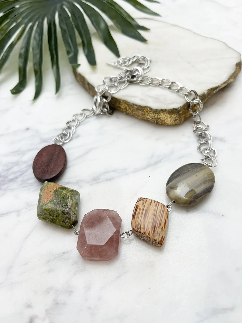 quintet necklace - strawberry quartz and unakite