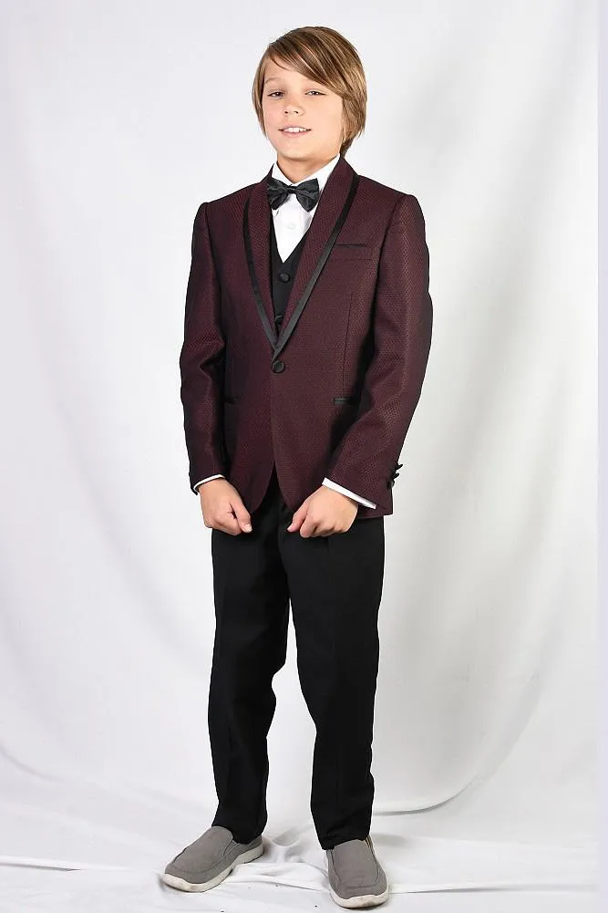 Burgundy Shawl-Collar Tuxedo Set for Kids - Caesar 5-Piece