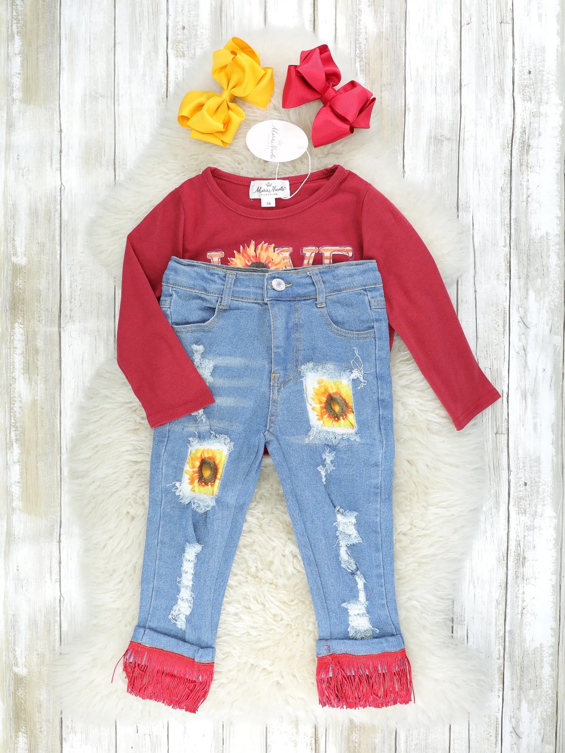 "Love Like Jesus" Sunflower Top & Fringe Denim Outfit