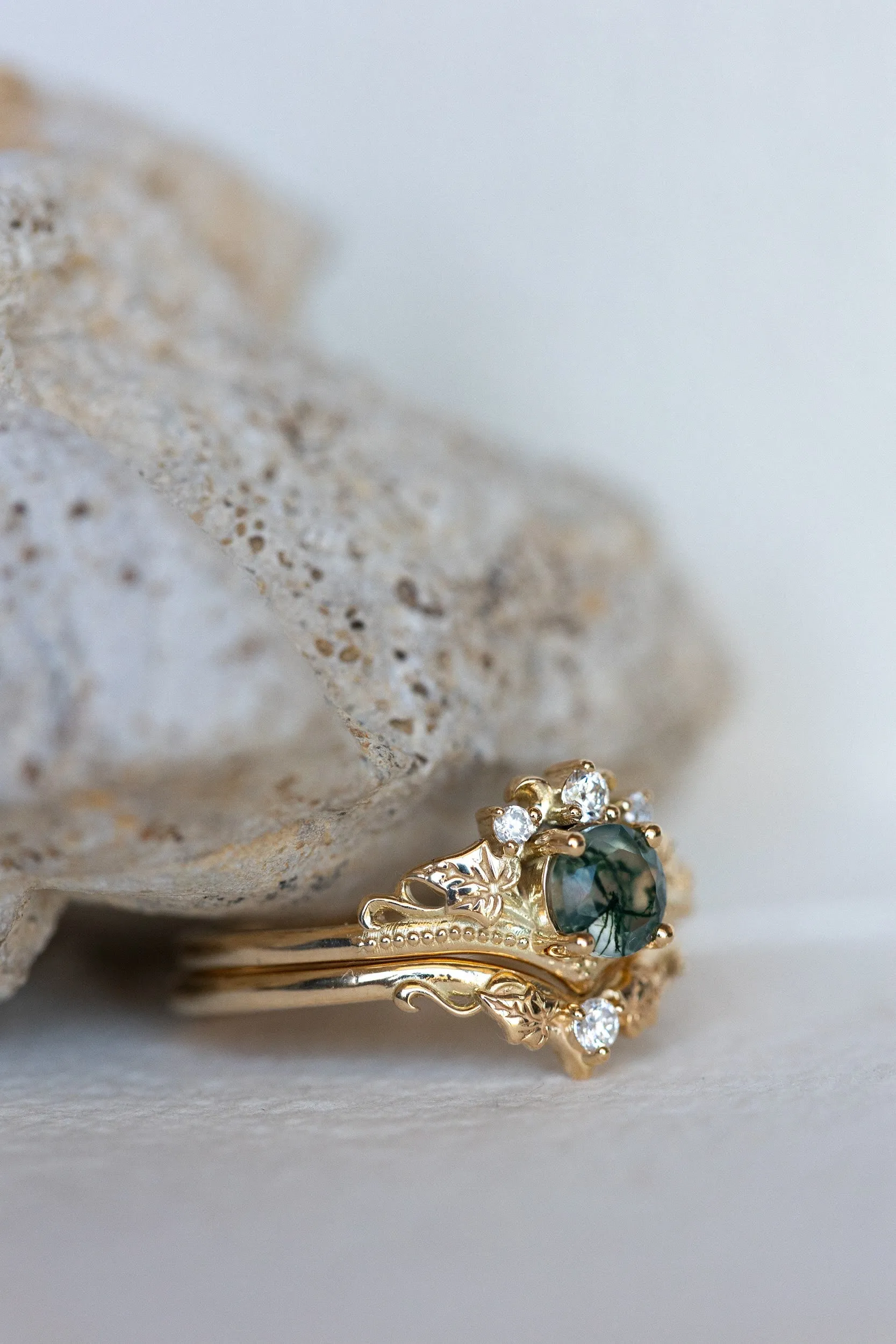 READY TO SHIP: Ariadne bridal ring set in 18K yellow gold, natural moss agate 5 mm, accents lab grown diamonds, AVAILABLE RING SIZES: 6-8 US