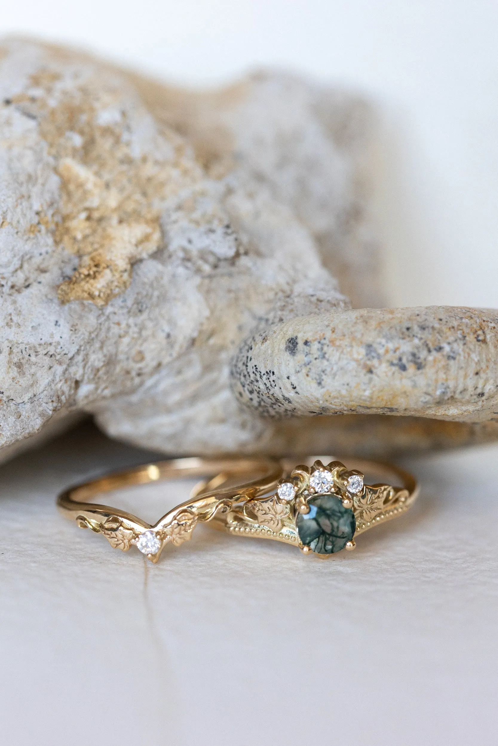 READY TO SHIP: Ariadne bridal ring set in 18K yellow gold, natural moss agate 5 mm, accents lab grown diamonds, AVAILABLE RING SIZES: 6-8 US