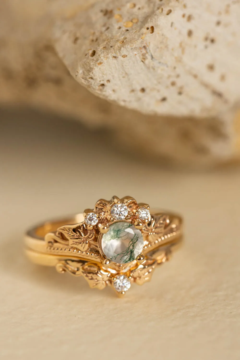 READY TO SHIP: Ariadne bridal ring set in 18K yellow gold, natural moss agate 5 mm, accents lab grown diamonds, AVAILABLE RING SIZES: 6-8 US