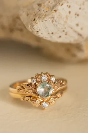 READY TO SHIP: Ariadne bridal ring set in 18K yellow gold, natural moss agate 5 mm, accents lab grown diamonds, AVAILABLE RING SIZES: 6-8 US