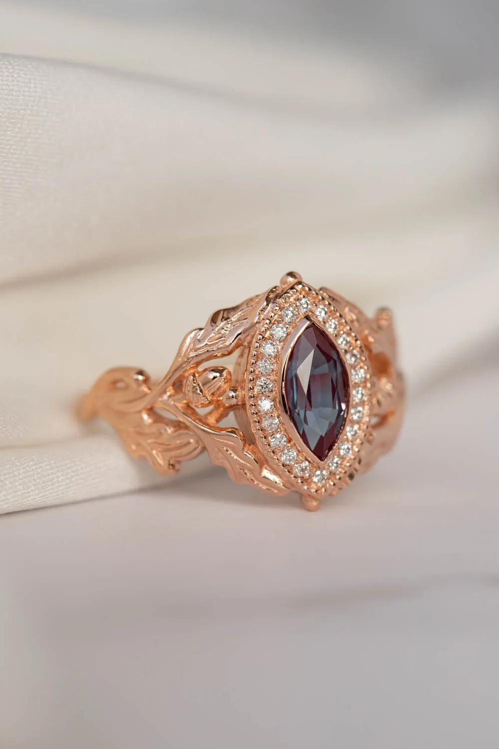 READY TO SHIP: Dair ring in 14K rose gold, lab alexandrite marquise cut, natural diamonds, RING SIZES - 6-8 US