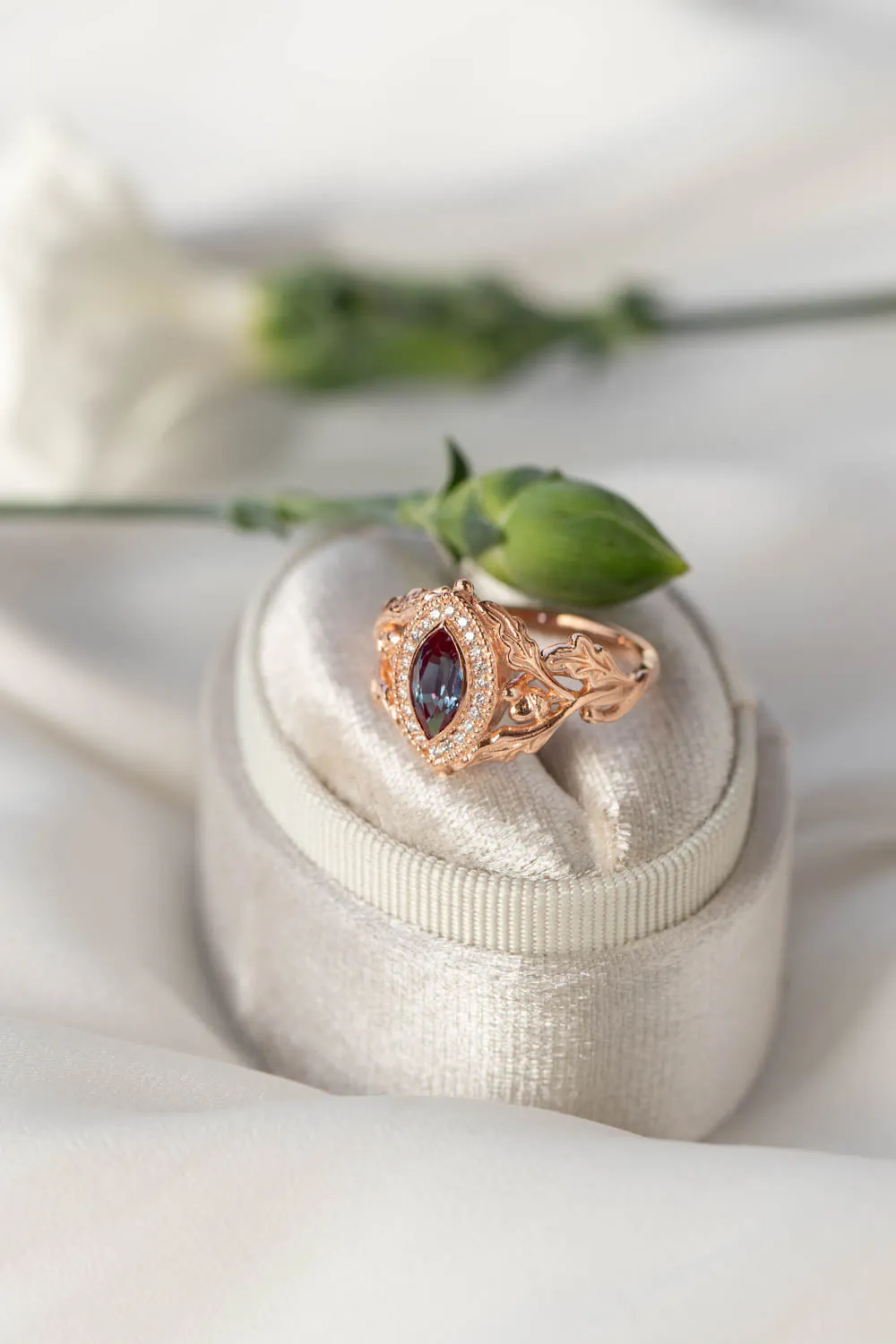 READY TO SHIP: Dair ring in 14K rose gold, lab alexandrite marquise cut, natural diamonds, RING SIZES - 6-8 US