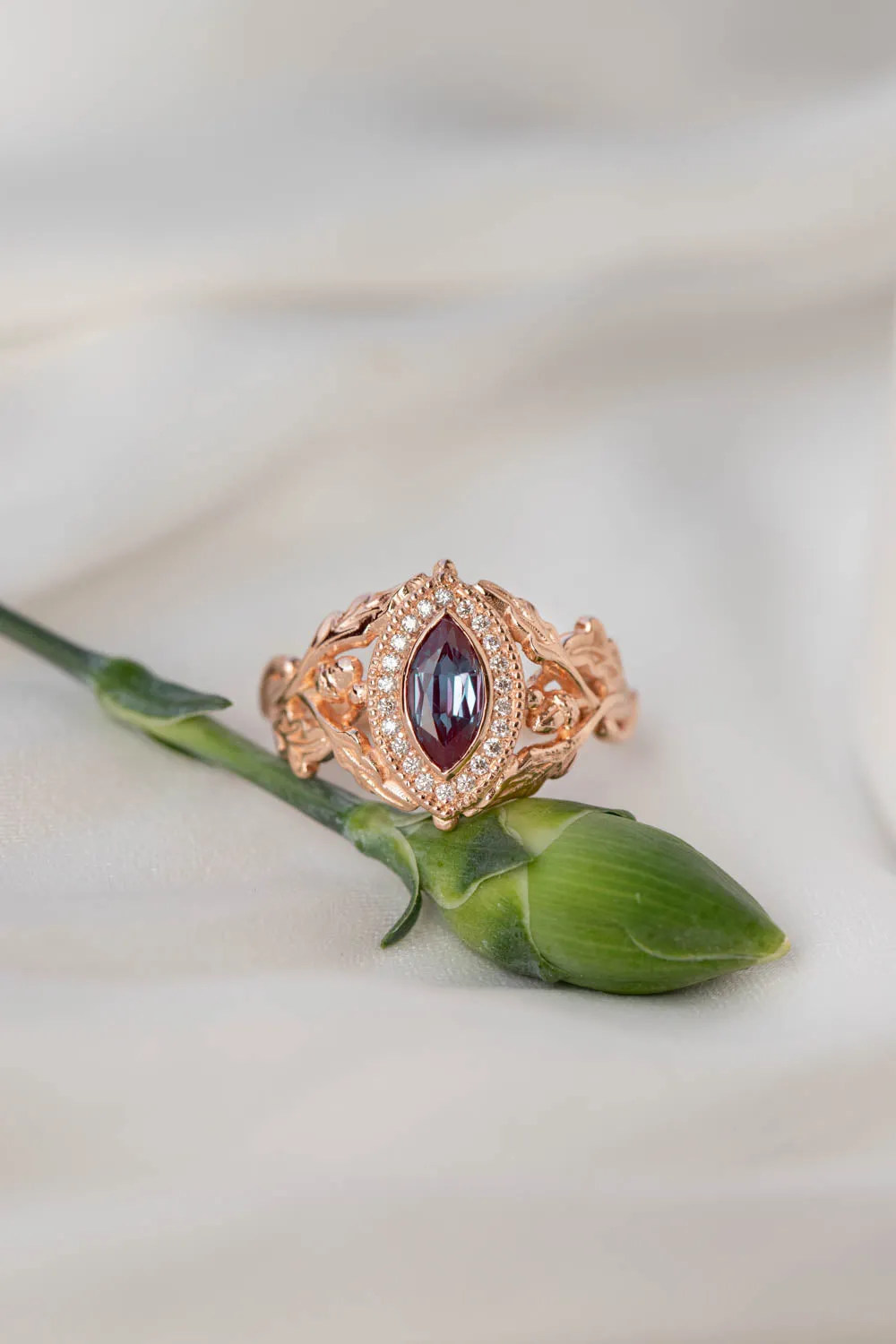 READY TO SHIP: Dair ring in 14K rose gold, lab alexandrite marquise cut, natural diamonds, RING SIZES - 6-8 US