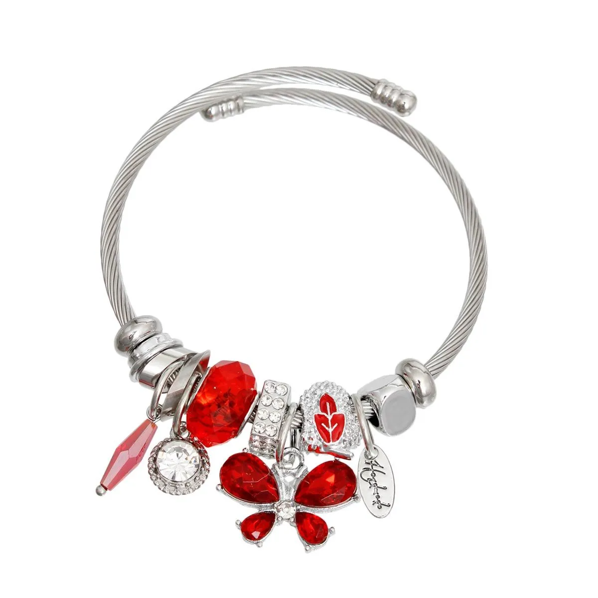 Red Butterfly Silver Cable Bangle Bracelet