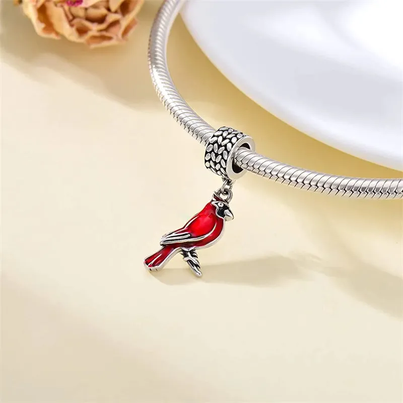 Red Cardinal Bird Charm 925 Sterling Silver Dangle Bead Fit Bracelet Our Love Never Dies Gifts for Women