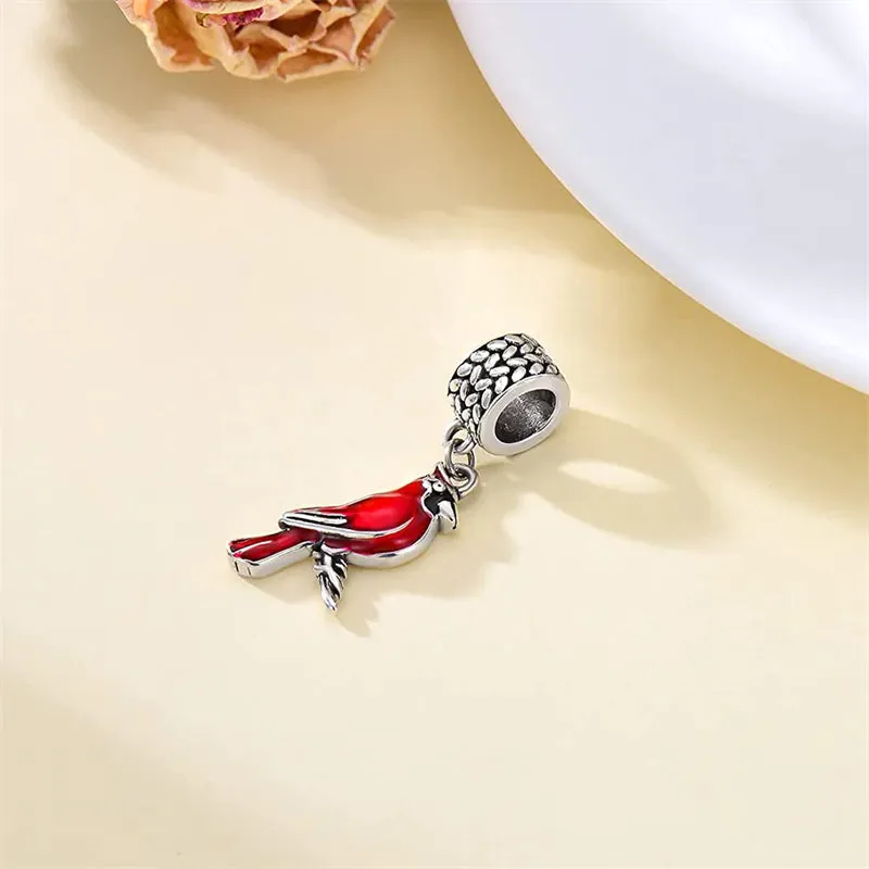 Red Cardinal Bird Charm 925 Sterling Silver Dangle Bead Fit Bracelet Our Love Never Dies Gifts for Women