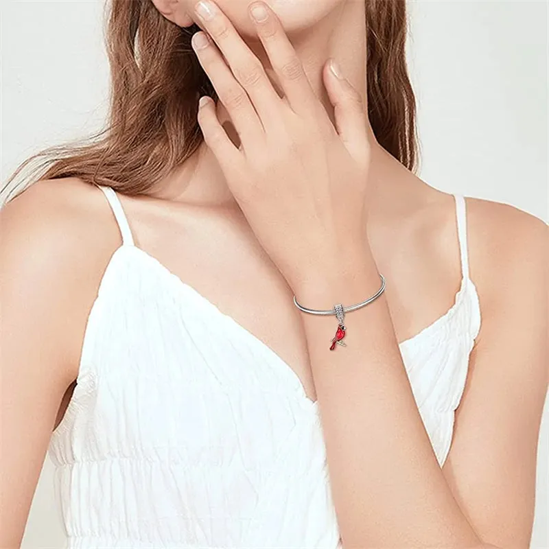 Red Cardinal Bird Charm 925 Sterling Silver Dangle Bead Fit Bracelet Our Love Never Dies Gifts for Women