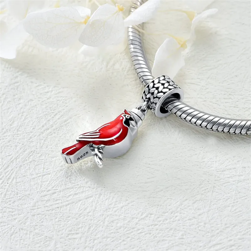 Red Cardinal Bird Charm 925 Sterling Silver Dangle Bead Fit Bracelet Our Love Never Dies Gifts for Women