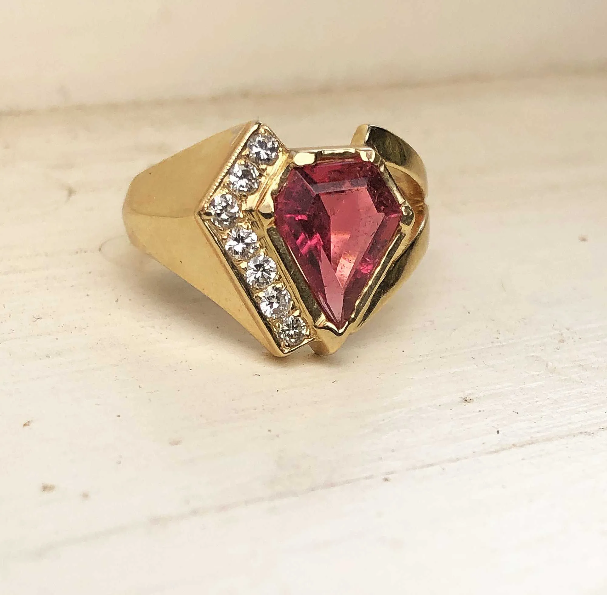 Retro 14K Gold Diamond Pink Tourmaline Ring