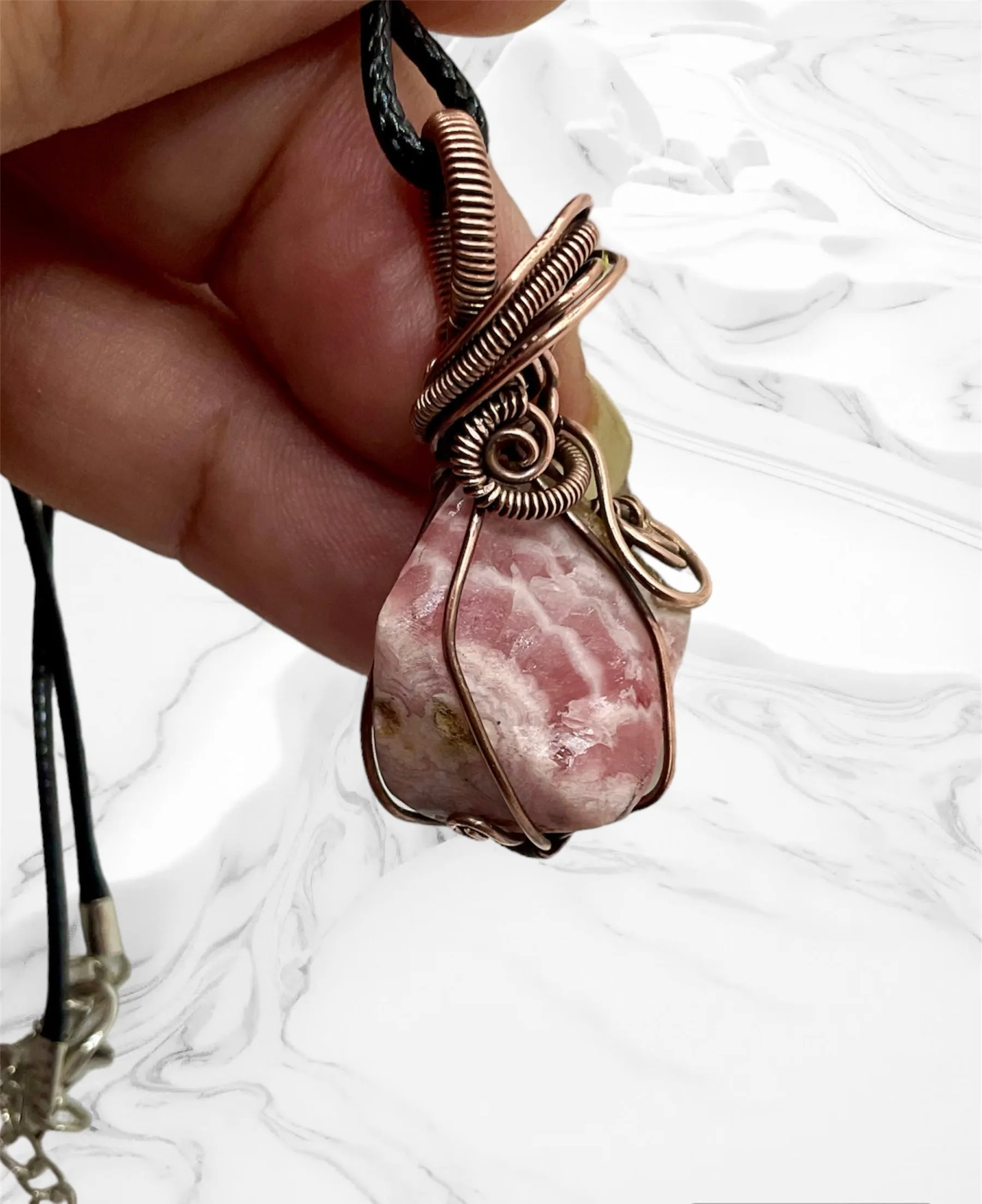 Rhodochrosite Raw Stone Wire Wrapped Pendant