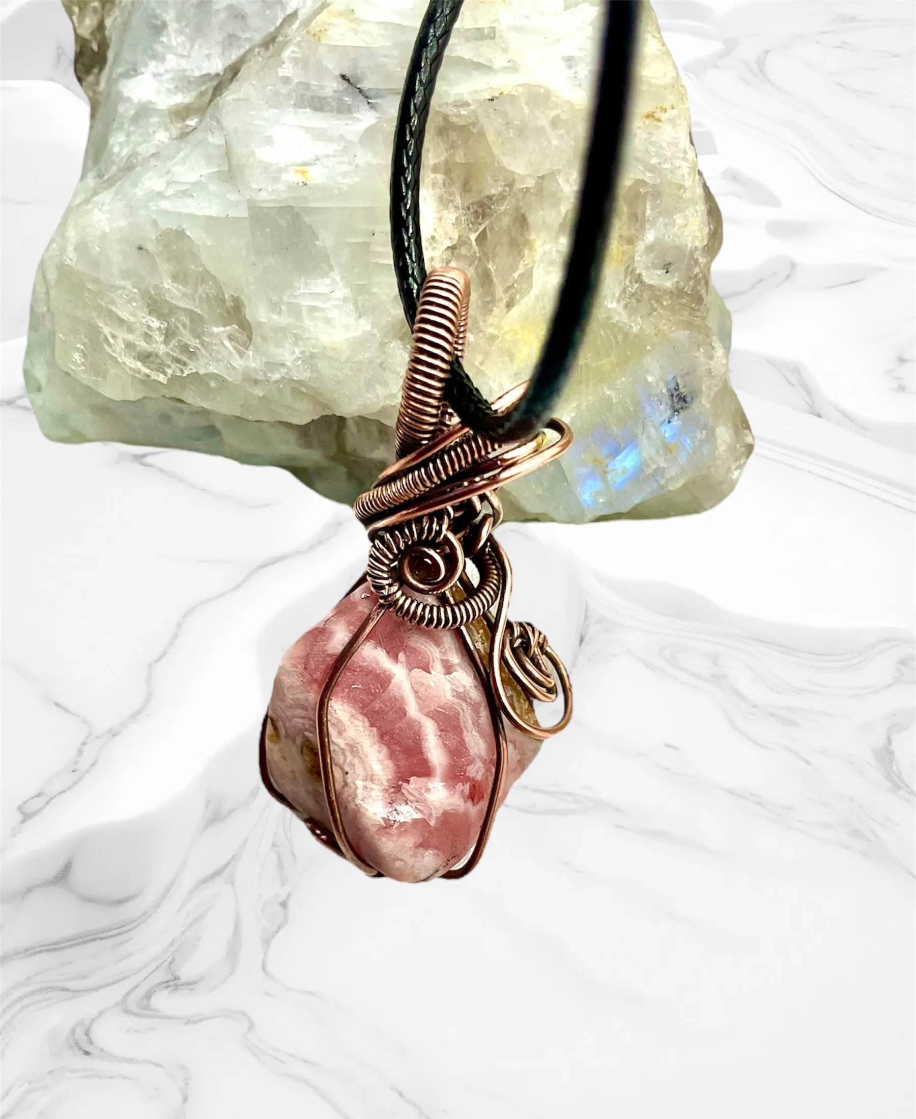 Rhodochrosite Raw Stone Wire Wrapped Pendant