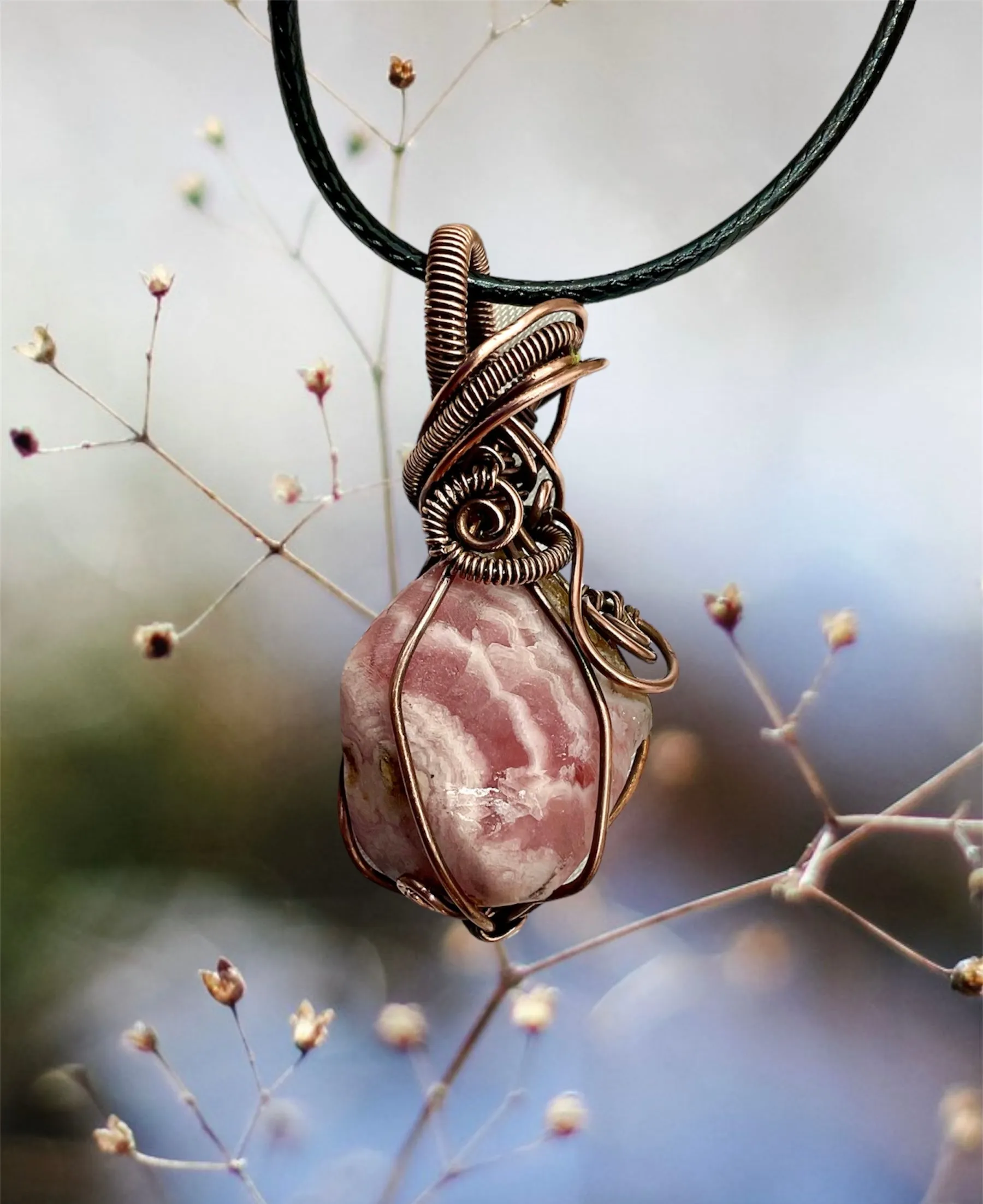 Rhodochrosite Raw Stone Wire Wrapped Pendant