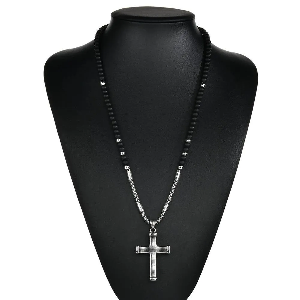 Ridged Stainless Steel Cross Pendant with Black Beaded Necklace