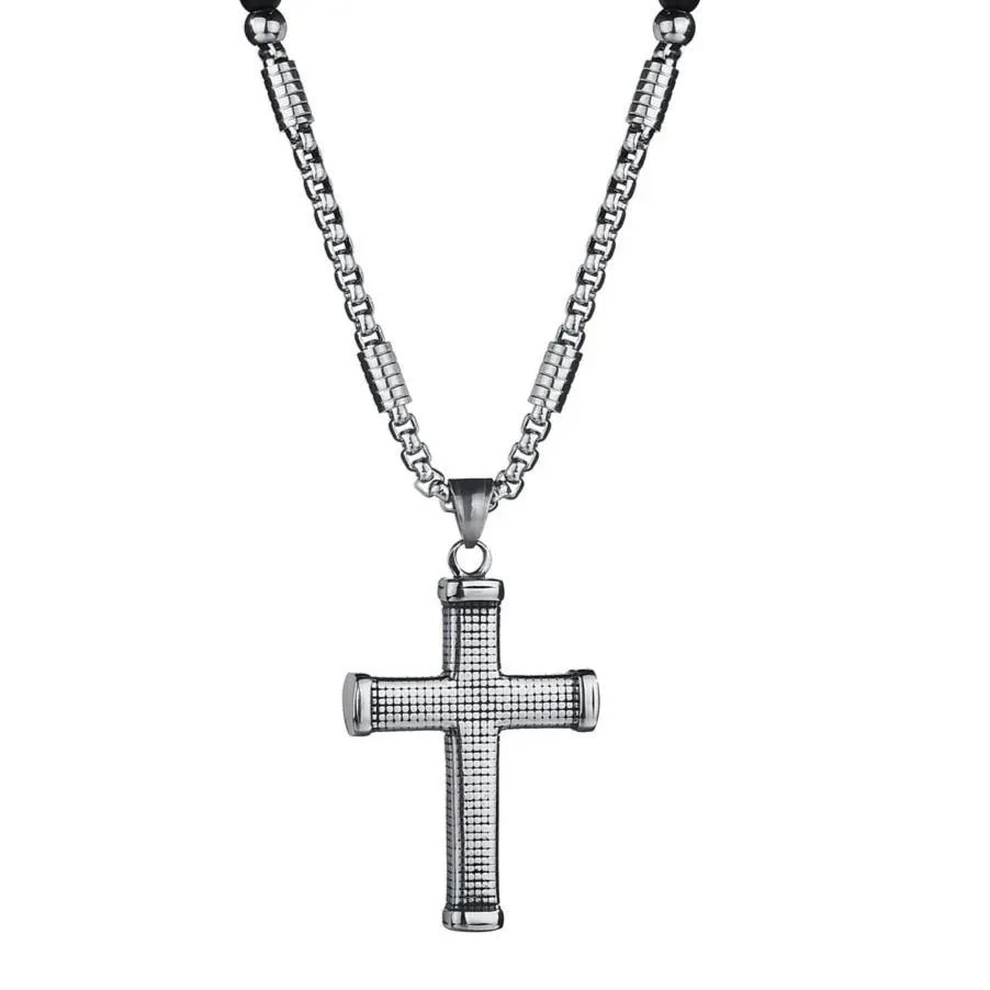 Ridged Stainless Steel Cross Pendant with Black Beaded Necklace