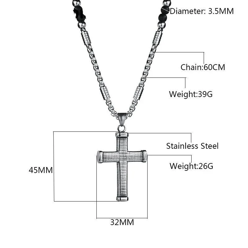 Ridged Stainless Steel Cross Pendant with Black Beaded Necklace