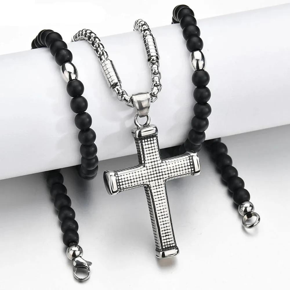 Ridged Stainless Steel Cross Pendant with Black Beaded Necklace