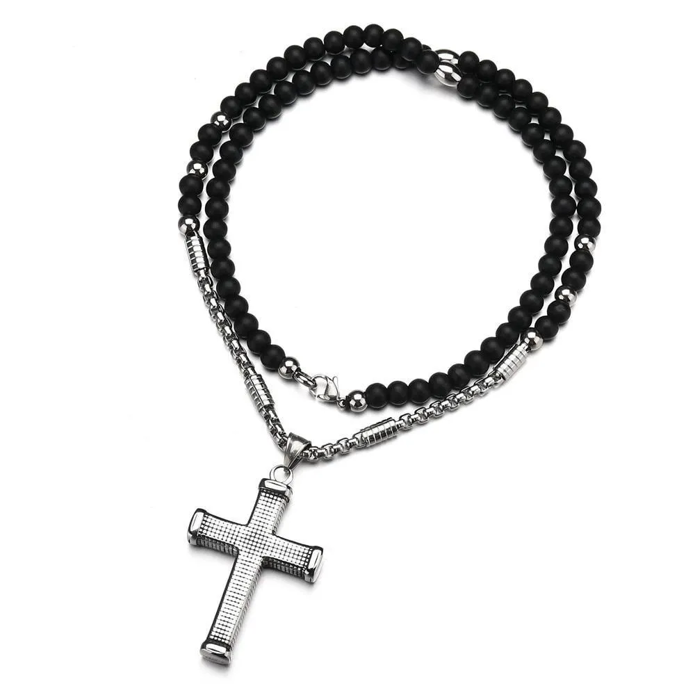 Ridged Stainless Steel Cross Pendant with Black Beaded Necklace