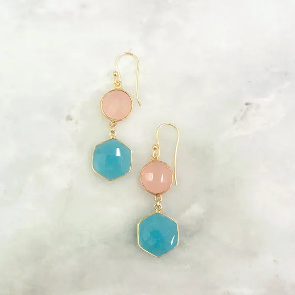 Rose Quartz and Mint Green Chalcedony Double Drop Earrings