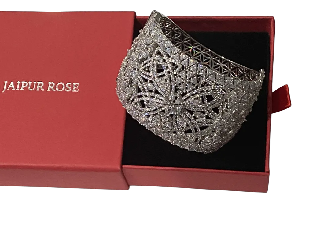 Rozana Crystal Embellished Cuff - White Gold Kada by Jaipur Rose Modern Indian Jewelry