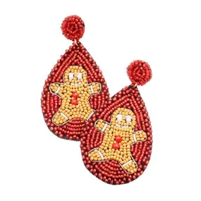 Seed Bead Gingerbread Man Teardrop Christmas Earrings