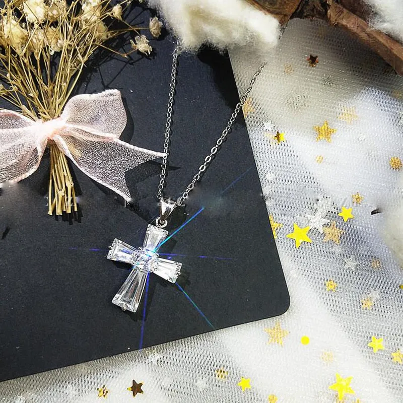 Small Sterling Silver Baguette Cubic Zirconia Cross Pendant Necklace