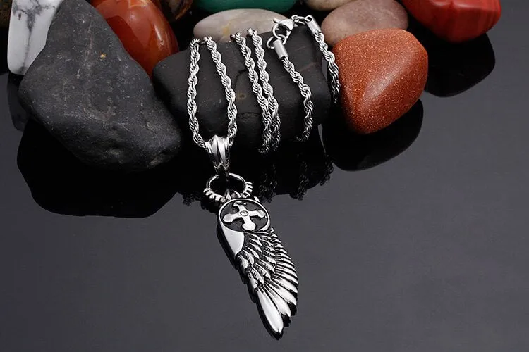 Stainless Steel Angel Wing Viking Cross Pendant Necklace