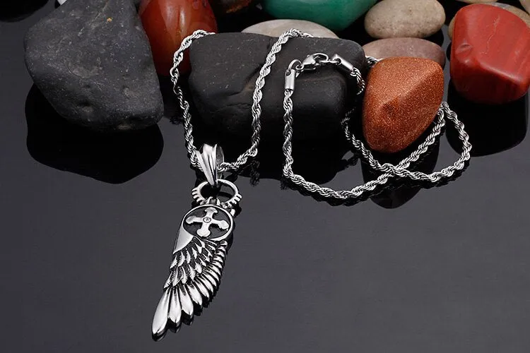 Stainless Steel Angel Wing Viking Cross Pendant Necklace