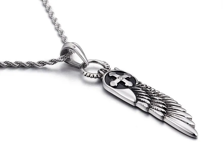 Stainless Steel Angel Wing Viking Cross Pendant Necklace