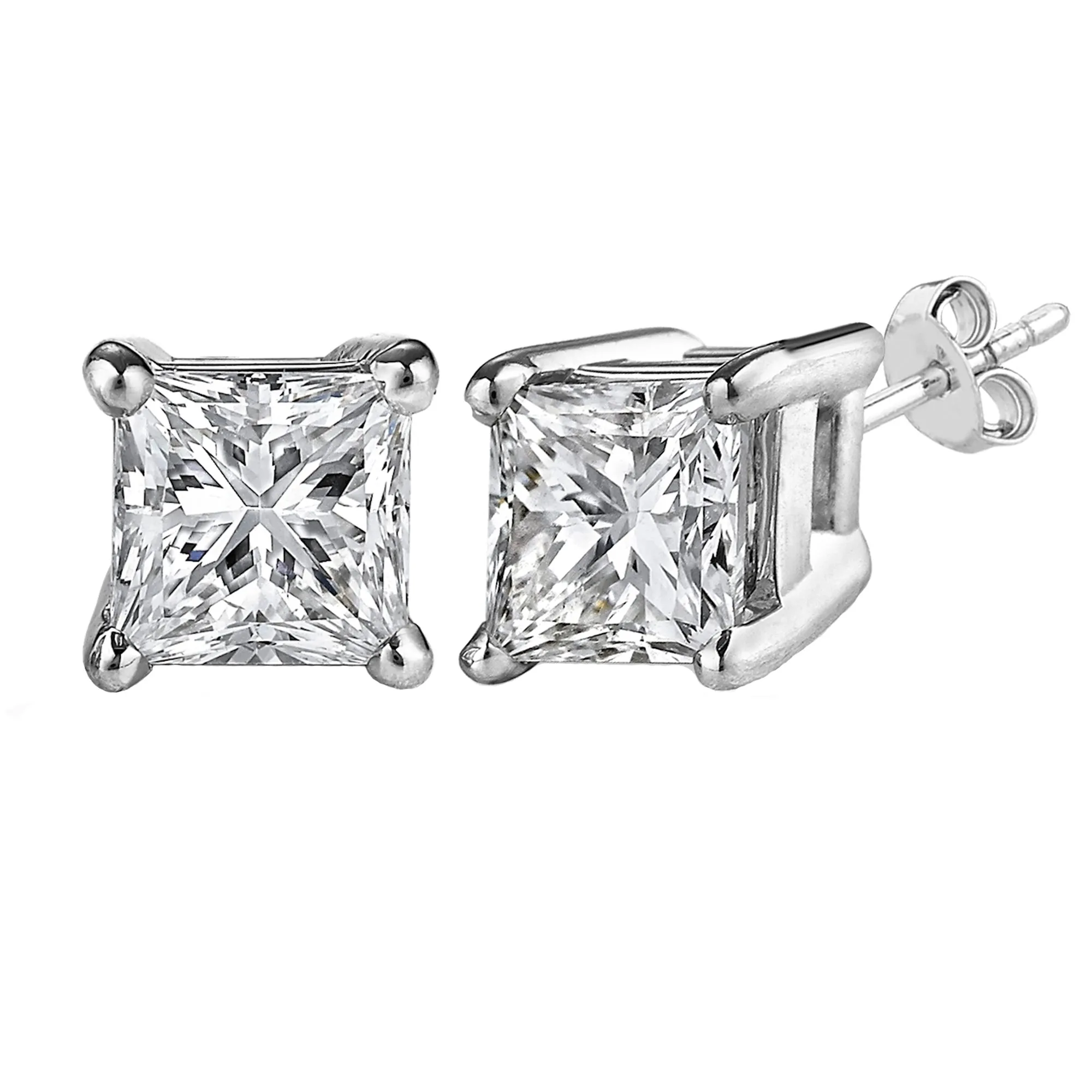 Sterling Silver Rhodium Finish Princess Cut Cubic Zirconia Stud Earring