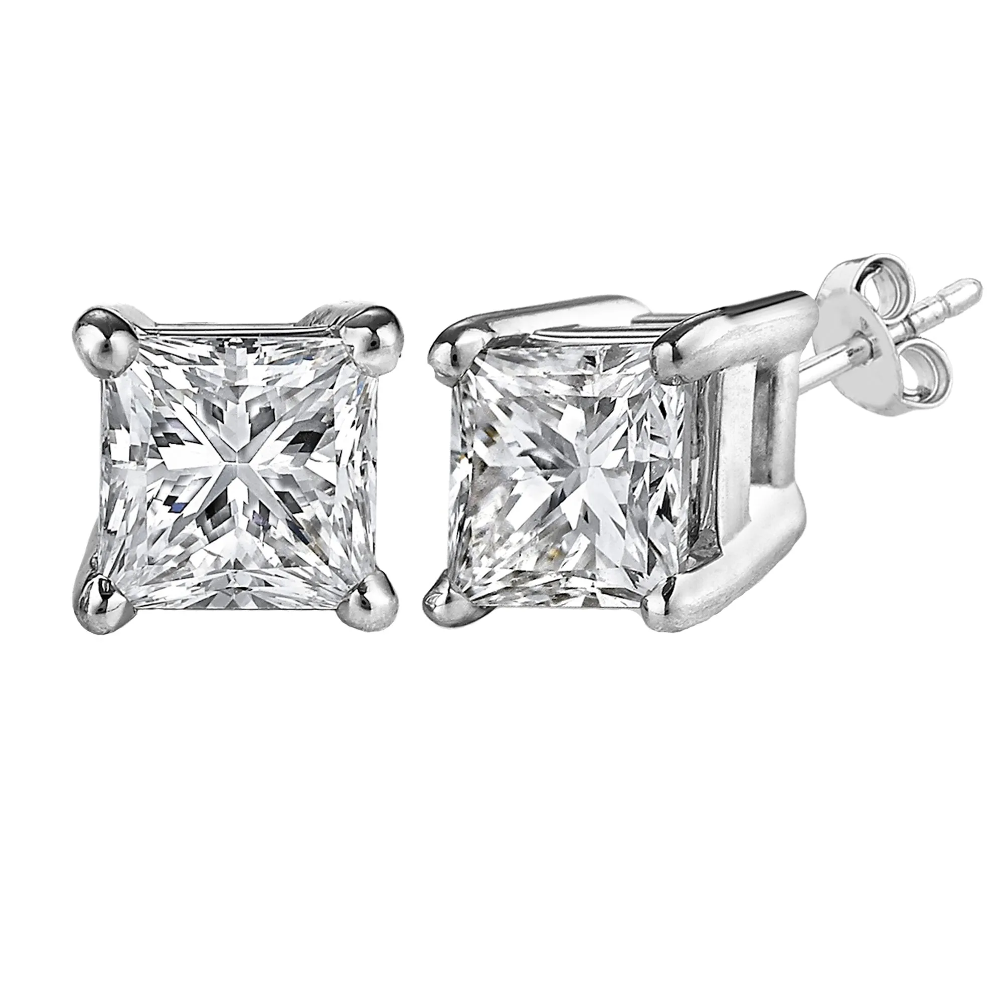 Sterling Silver Rhodium Finish Princess Cut Cubic Zirconia Stud Earring