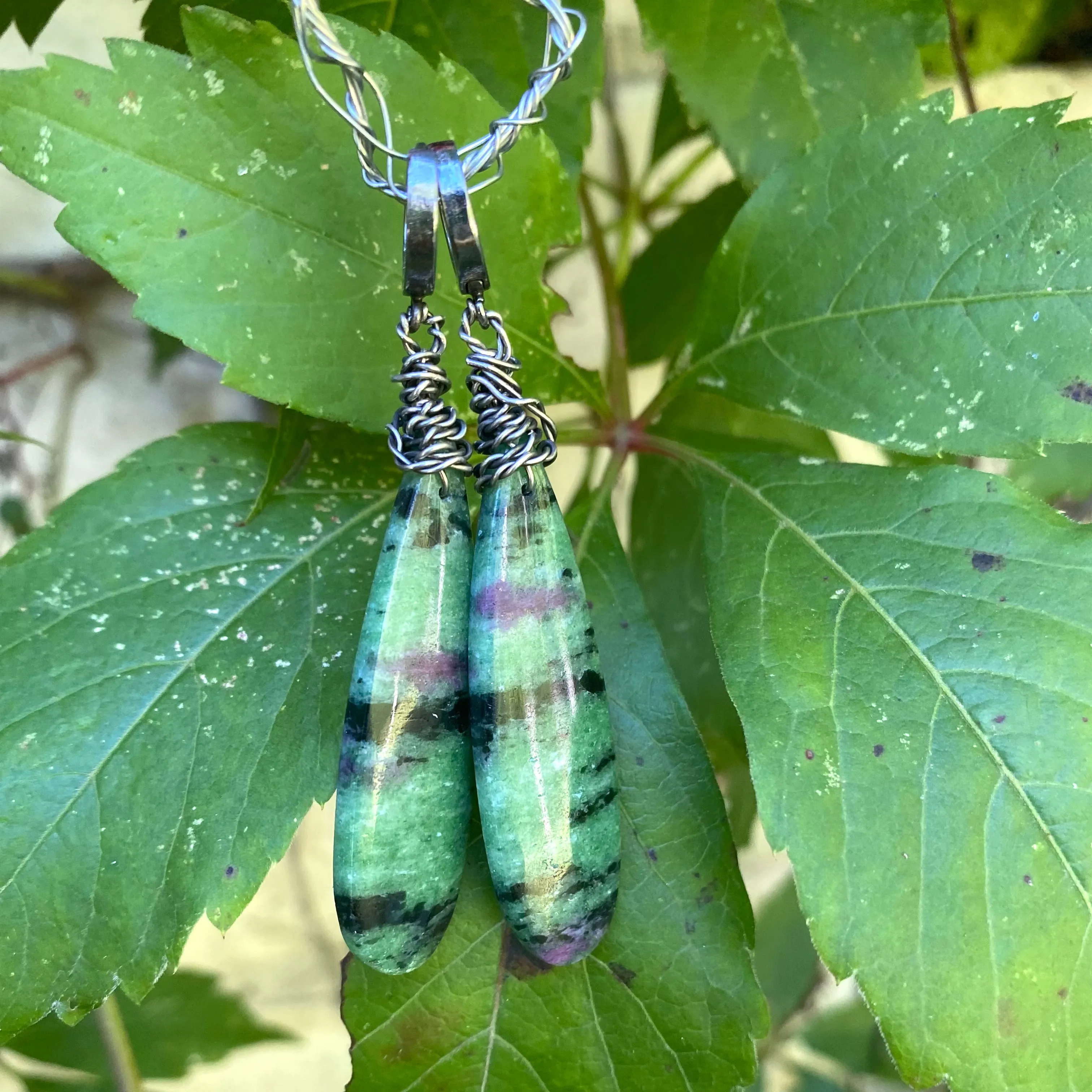 Teardrop Natural Ruby Zoisite Gemstone Boho Earrings w Black Rhodium Plated Silver