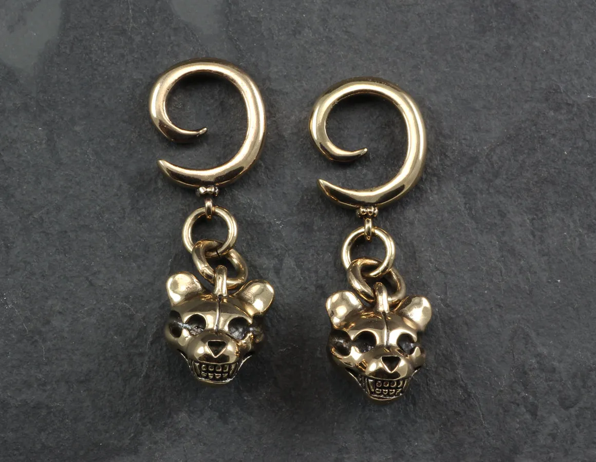 Teddy Bear Skull Gauged Spiral Earrings - Bronze