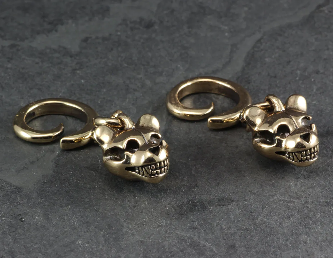 Teddy Bear Skull Gauged Spiral Earrings - Bronze