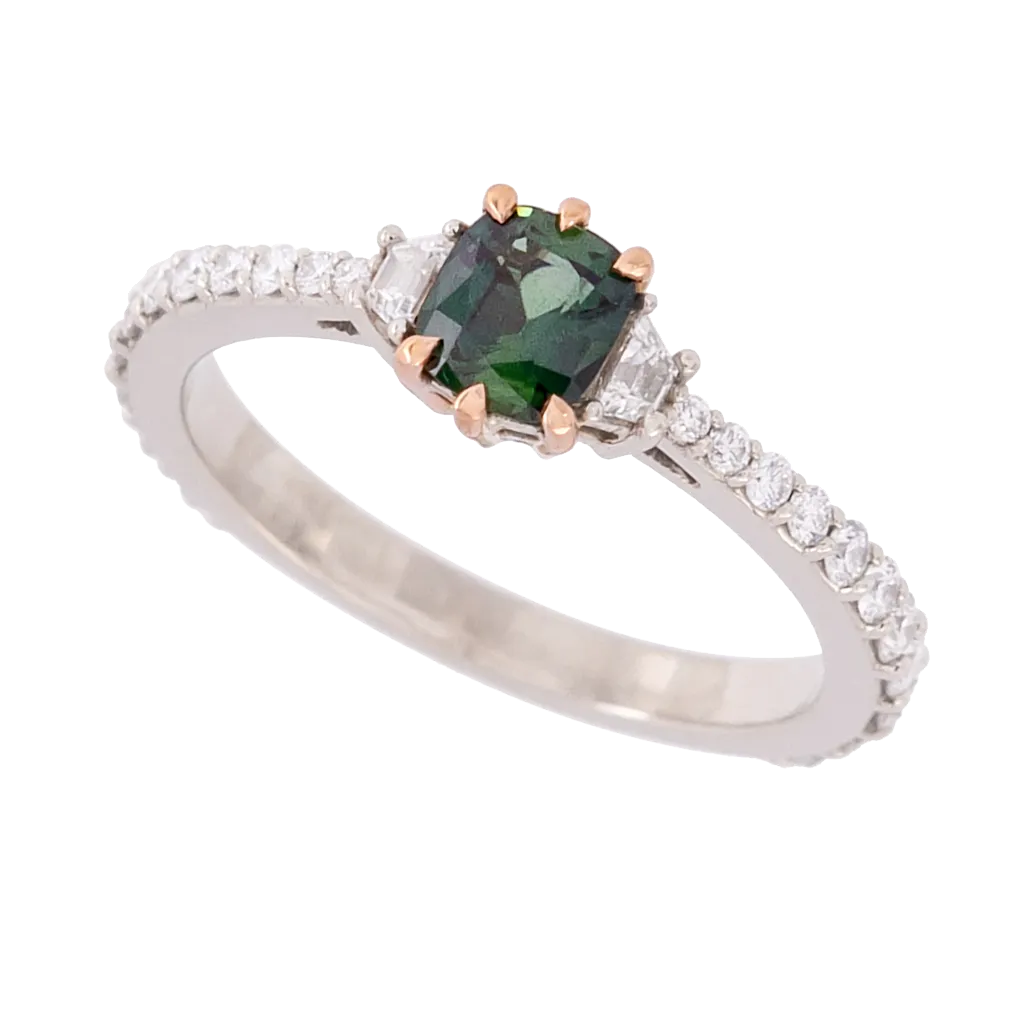 Three Stone No Heat Green Sapphire and Diamond Ring