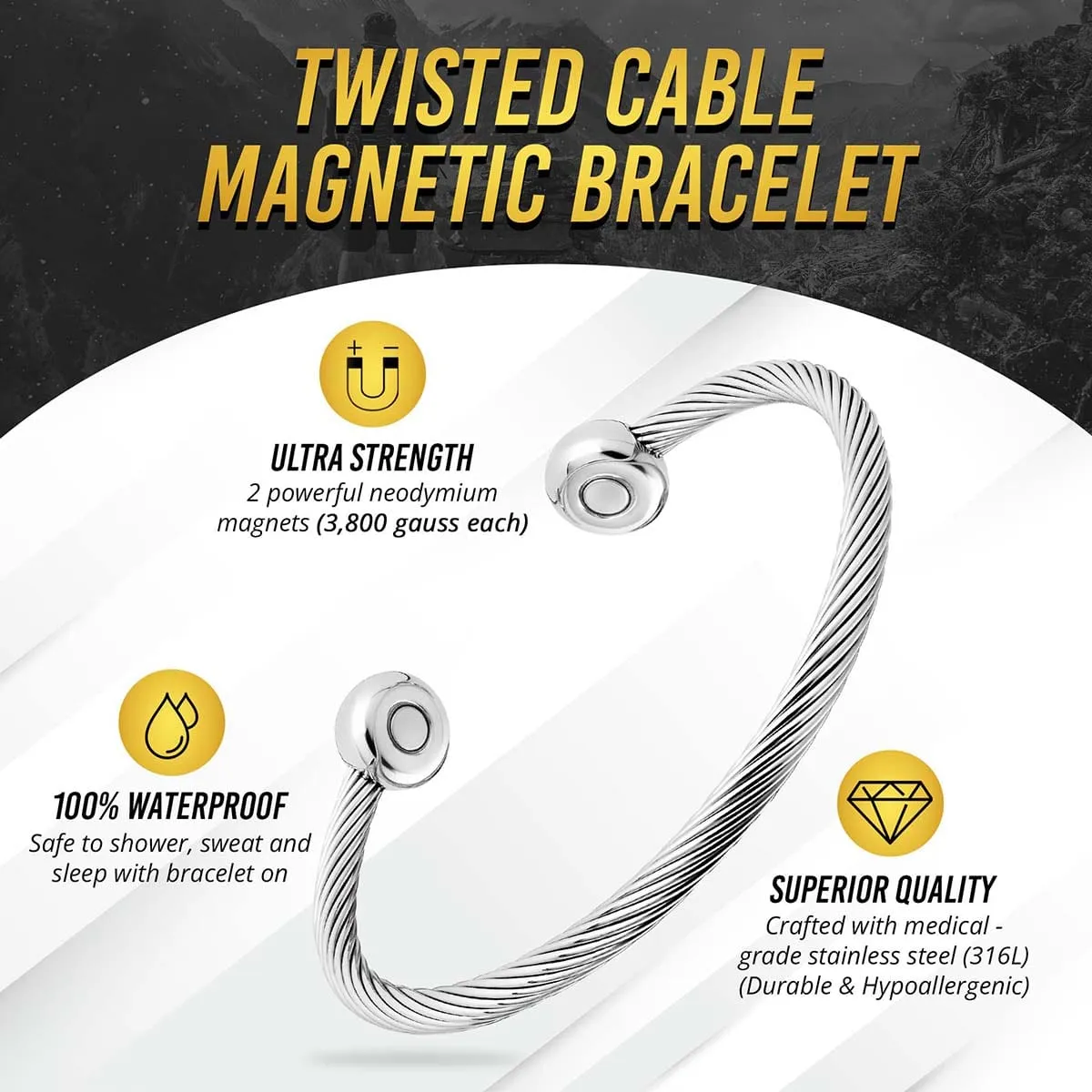 Twisted Cable Magnetic Bracelet Cuff (Silver)