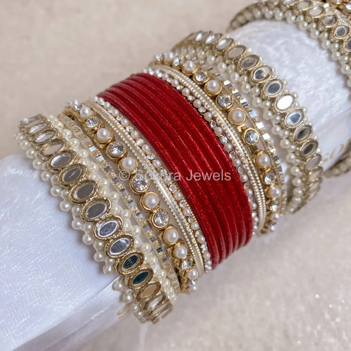 Urvi Mirror Bangle Set - Red