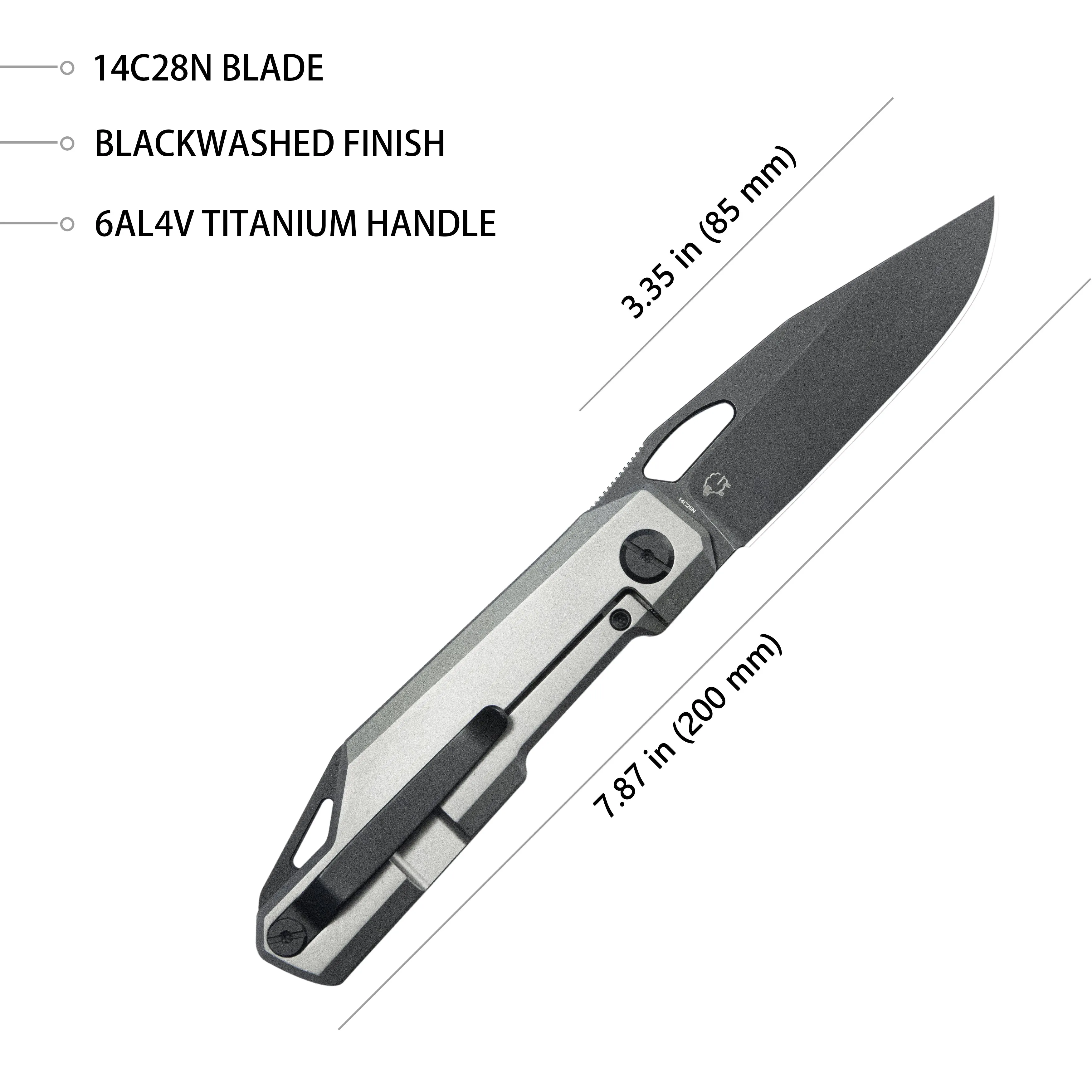 Verijero Fronter Flipper Pocket Folding Knife Grey 6AL4V Titanium Handle 3.35 Blackwash 14C28N KB340B