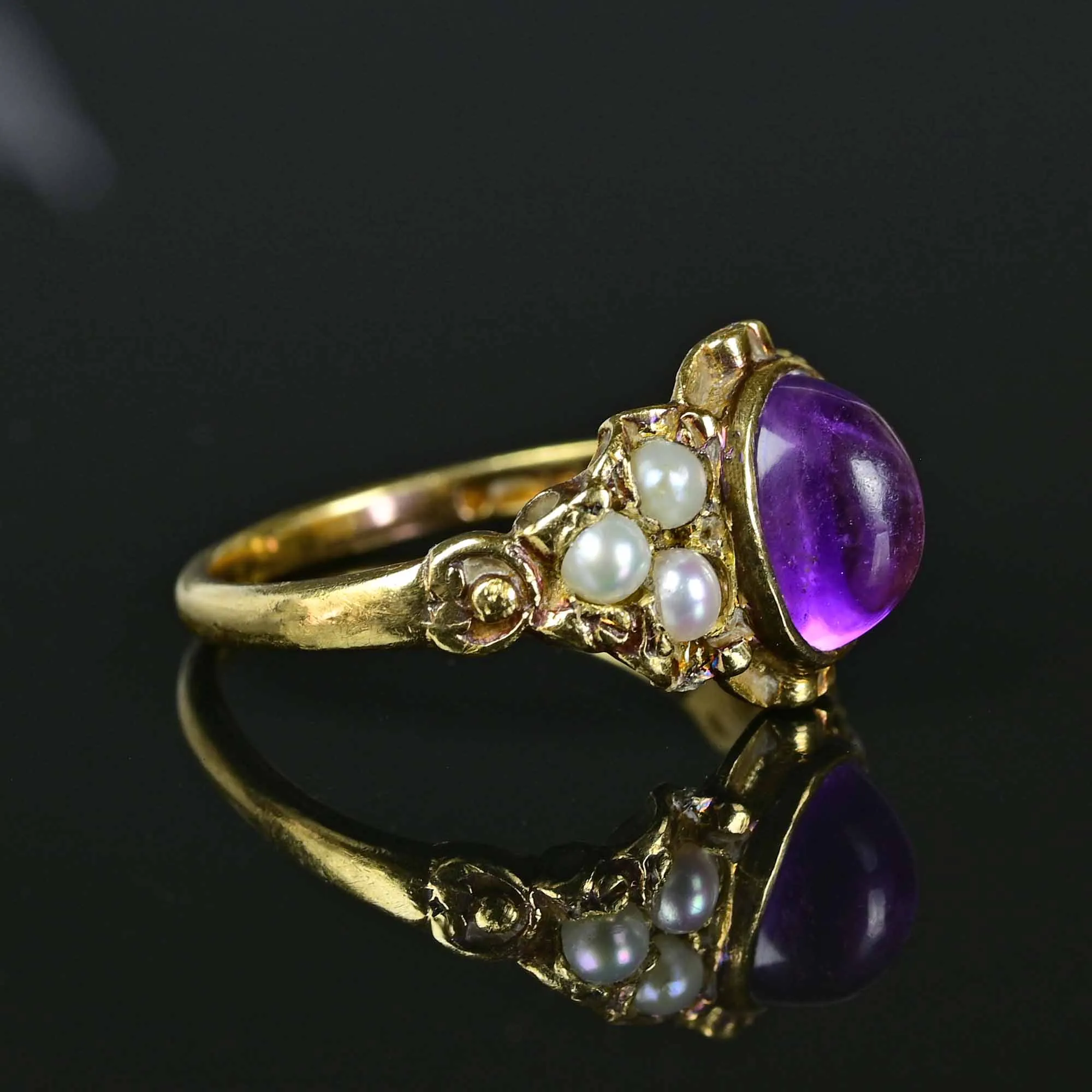 Victorian Style Cabochon Amethyst Seed Pearl Ring