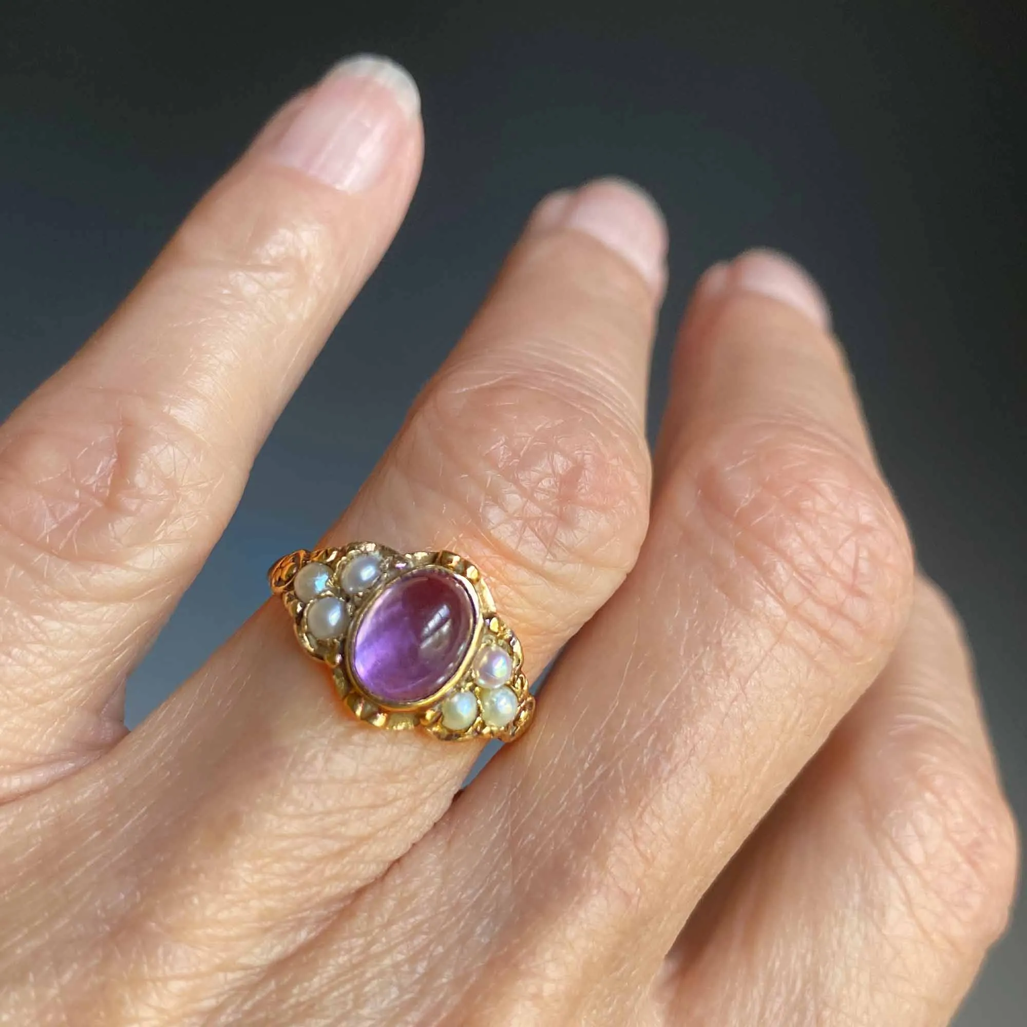 Victorian Style Cabochon Amethyst Seed Pearl Ring