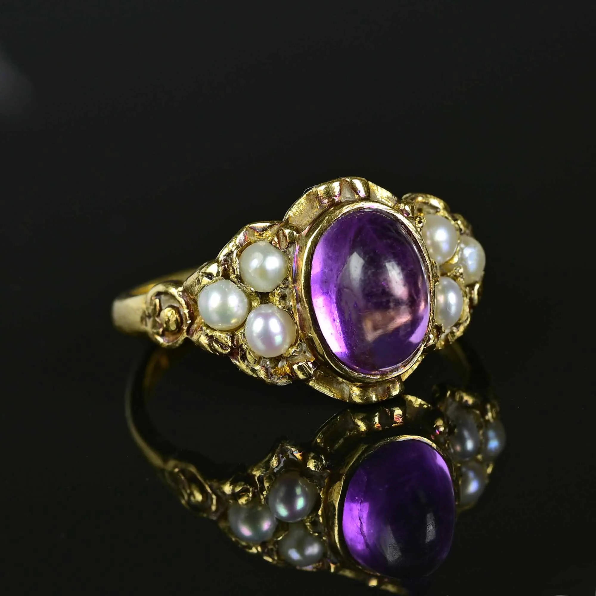 Victorian Style Cabochon Amethyst Seed Pearl Ring