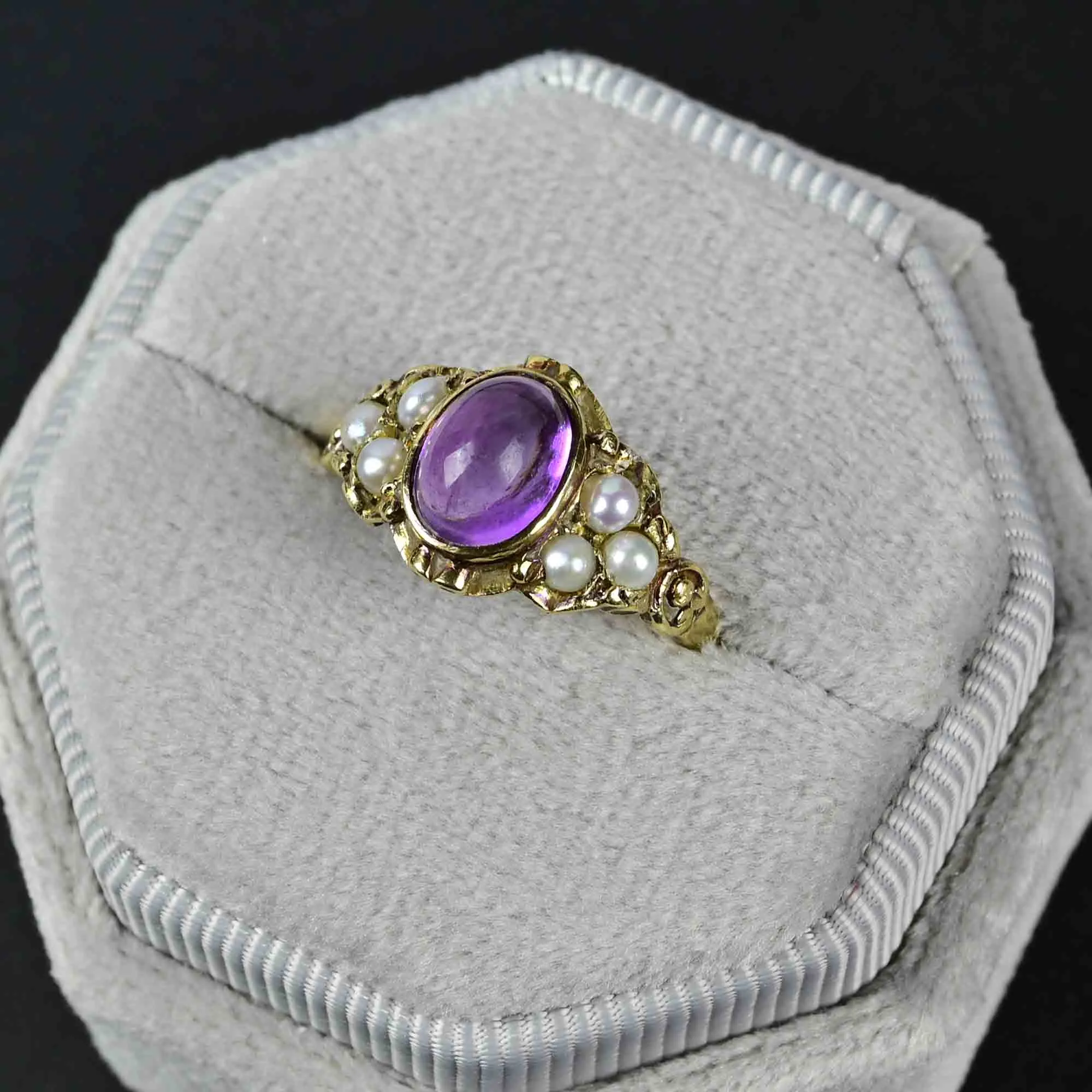 Victorian Style Cabochon Amethyst Seed Pearl Ring