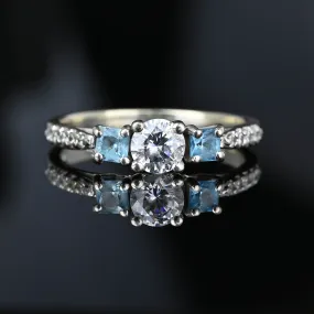 Vintage Blue Topaz CZ Crystal Solitaire Ring in 10K White Gold