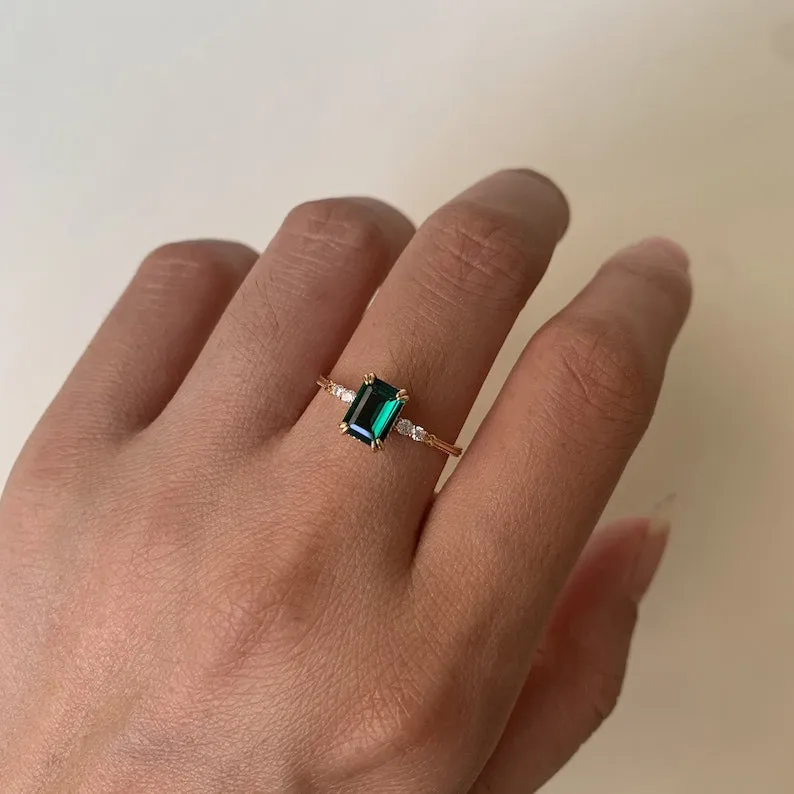 Vintage Emerald Engagement Ring 10k 14k 18k Solid Gold Green Gemstone Unique Promise Wedding Statement Jewelry